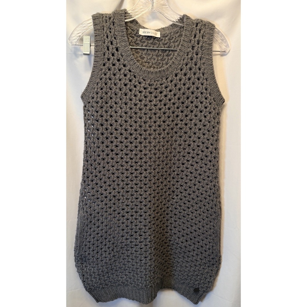 See by Chloe Sleeveless Open Knit Wool Blend Midi Dress Size 2 Gray Pockets